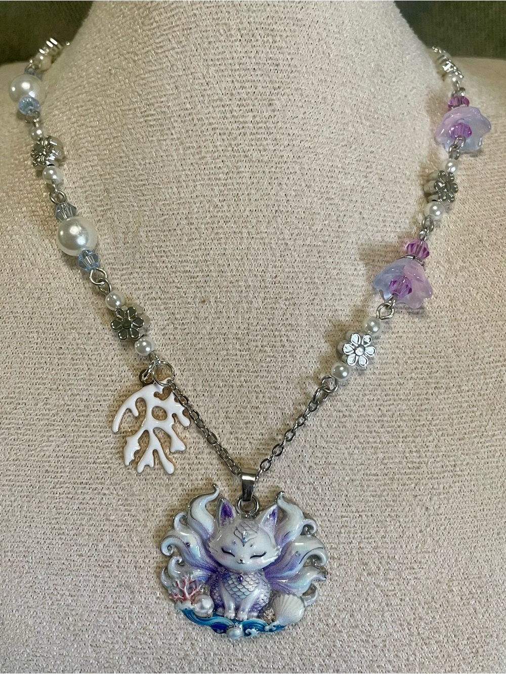 Artisan Lavender and White Nine Tailed Fox Pendant Necklace